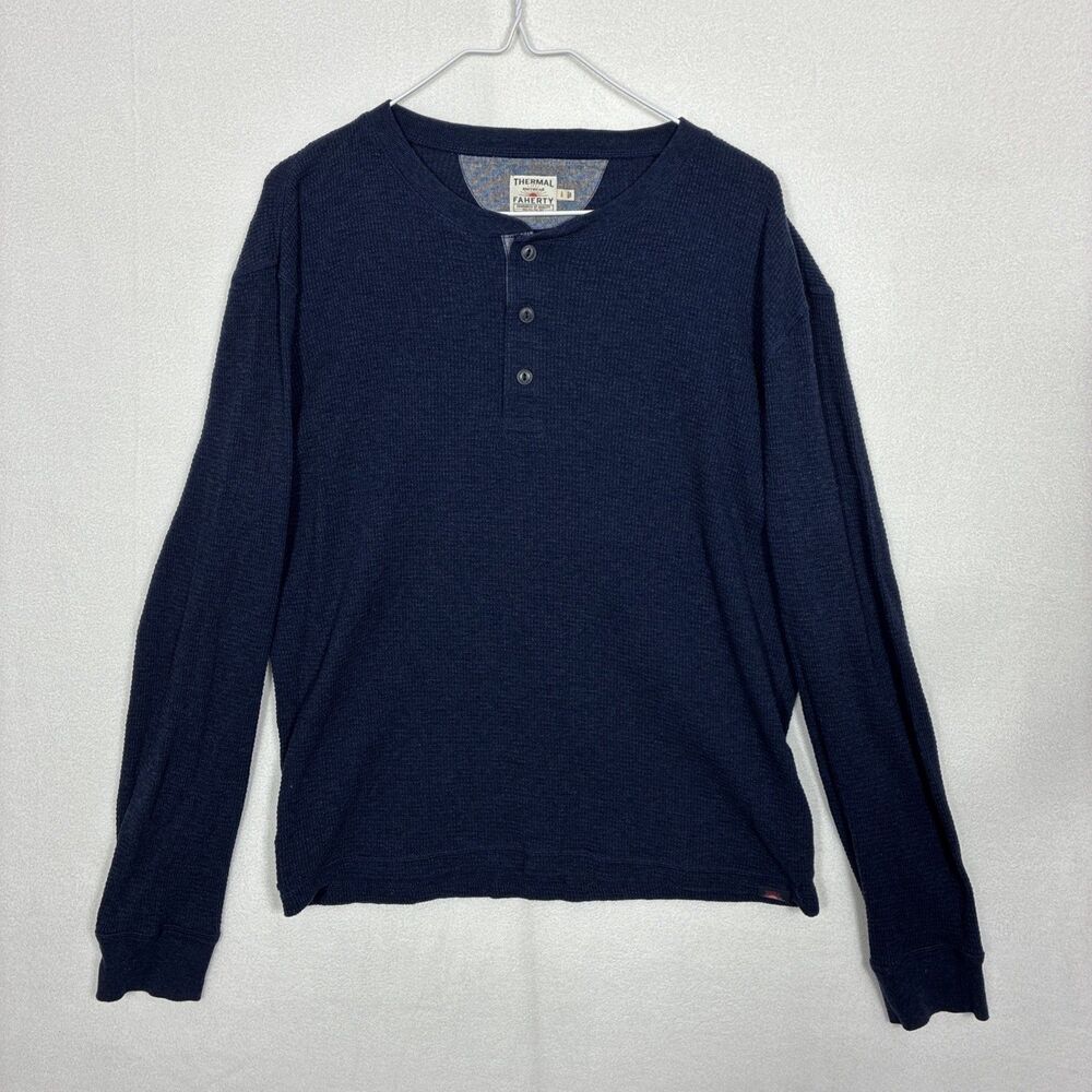 Faherty Henley Shirt Mens L Navy Blue Waffle Knit Thermal Casual Outdoor